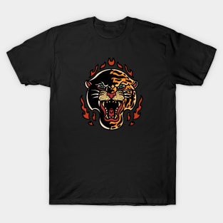 Retro Panther Tiger Head with Flames T-Shirt